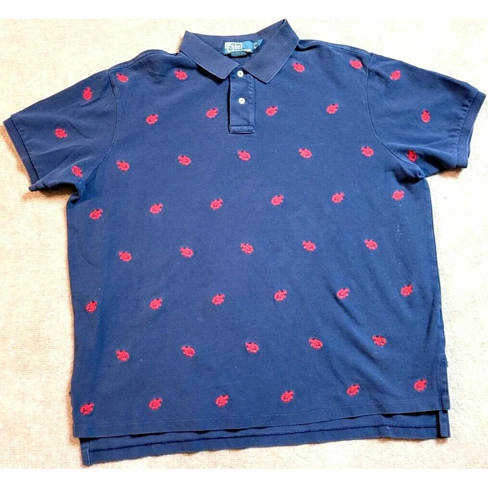VTG POLO RALPH LAUREN MENS XXL LOBSTER SPORT SHIRT BLUE‎ RED GOLF SHORT SLEEVE